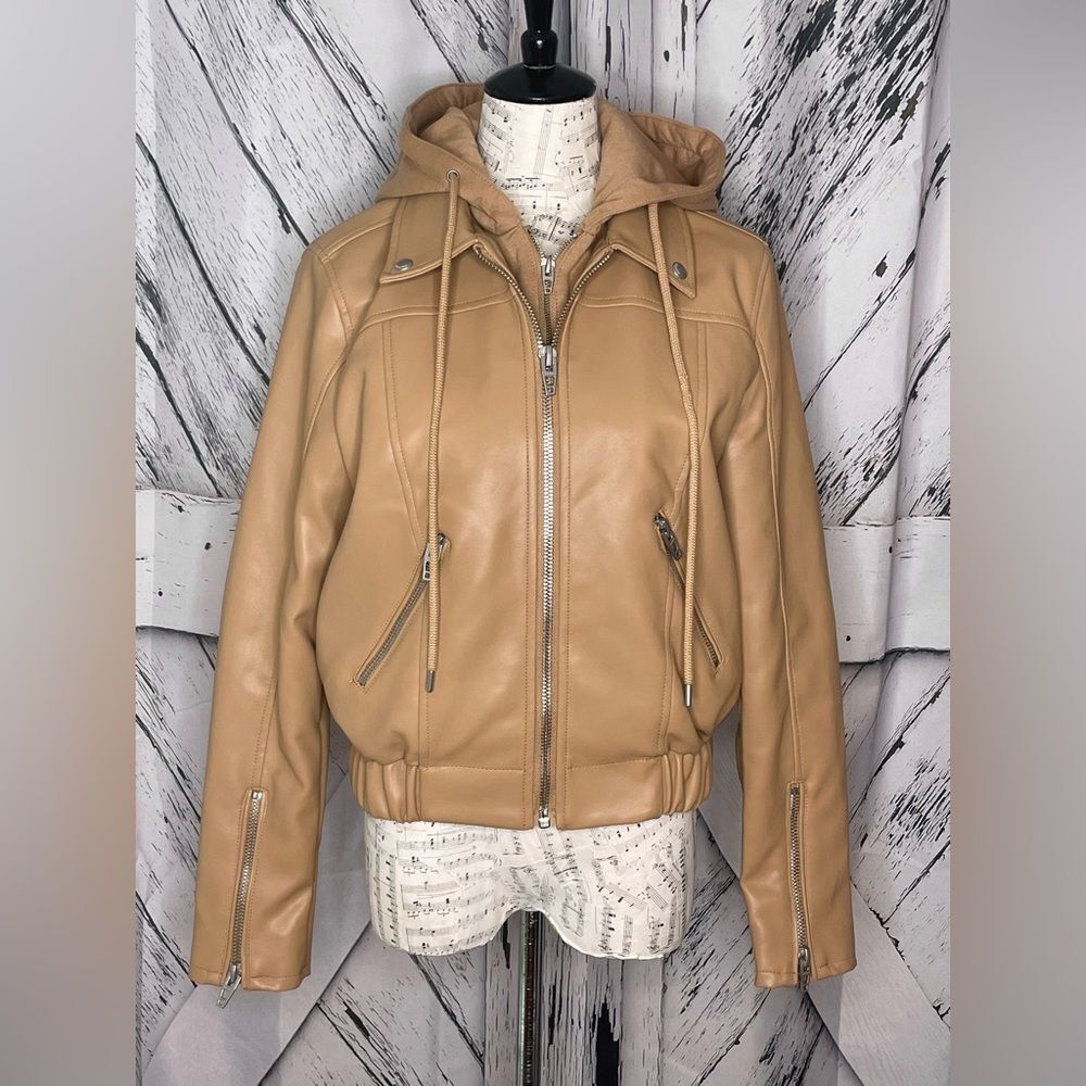 BLANK/NYC Faux Leather Moto Bomber Jacket Removable Hood Tan M